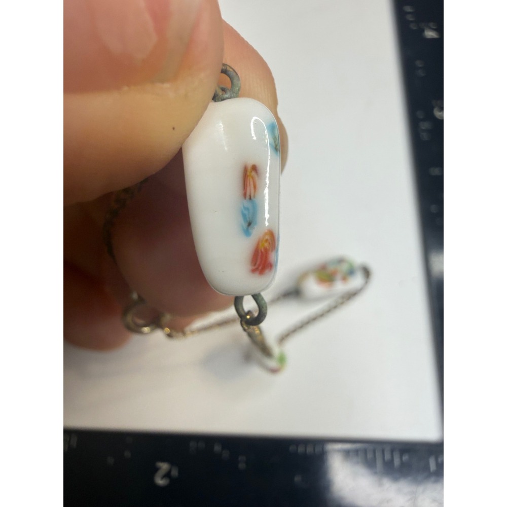 Vintage Milk Glass Floral Bead Bracelet White Rectangular Hand Painted 7.5 Inch